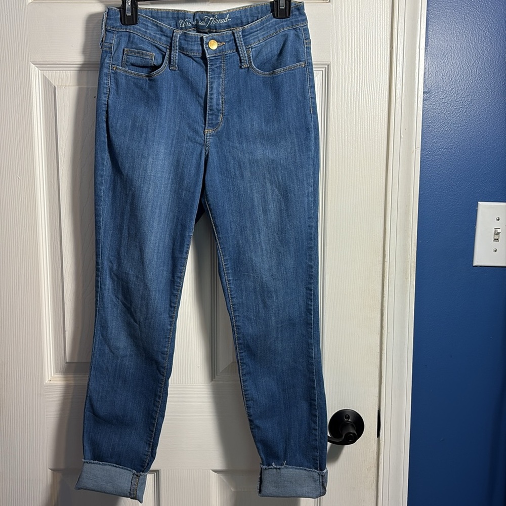 Universal Thread High Rise Skinny Stretch Raw Hem Cuffed Blue Jeans Size 6